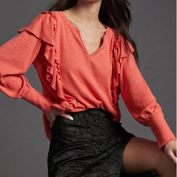 Pilcro Anthropologie Cozy Ruffle Popover Top Bright Red Size XS - Picture 3 of 9